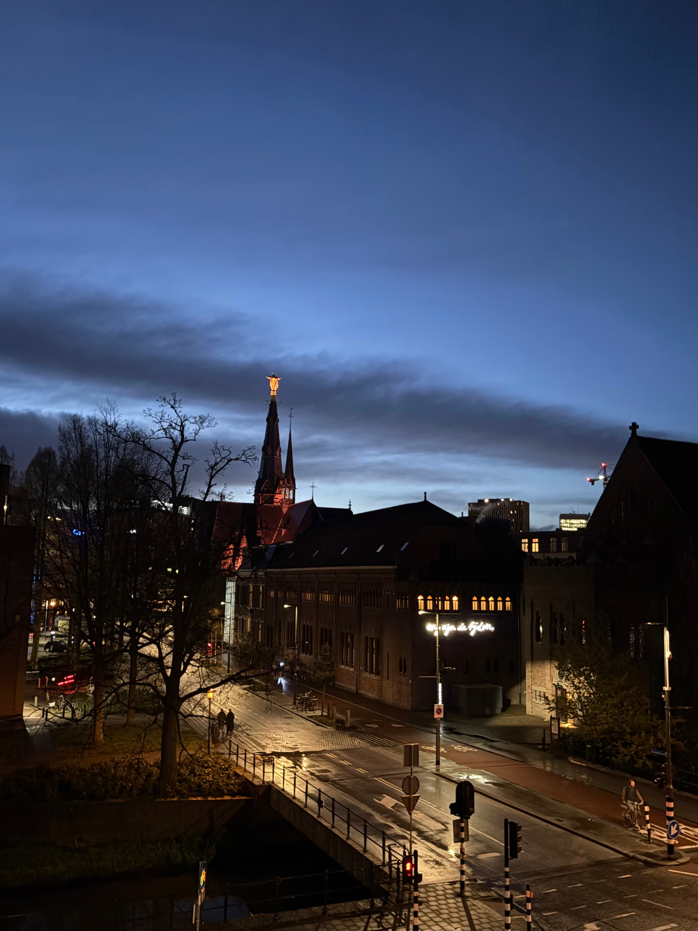 Historische kerk en stedelijke bebouwing in het blauwe licht van de avond