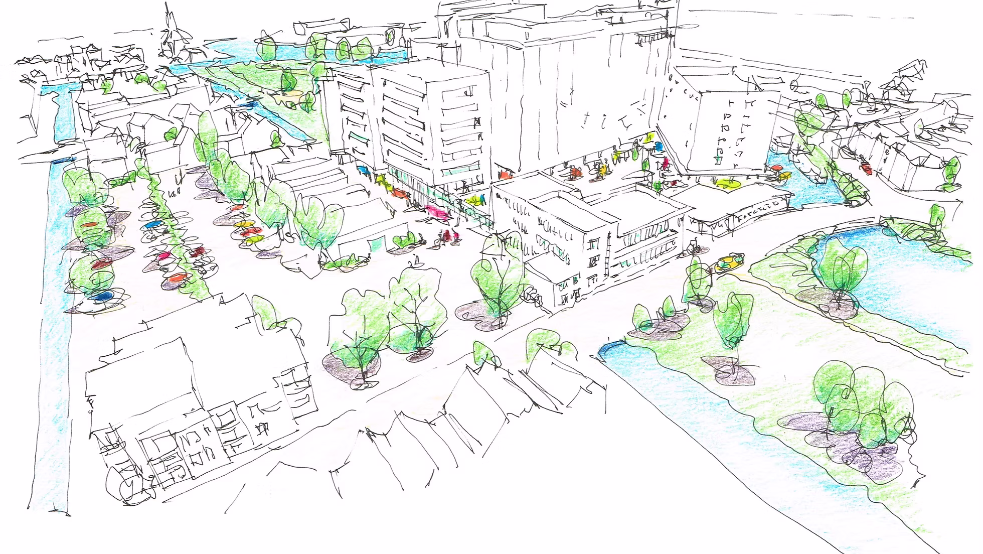 Conceptschets in vogelvlucht van mogelijke tijdelijke programmering rond De Meelfabriek aan de Leidse singel