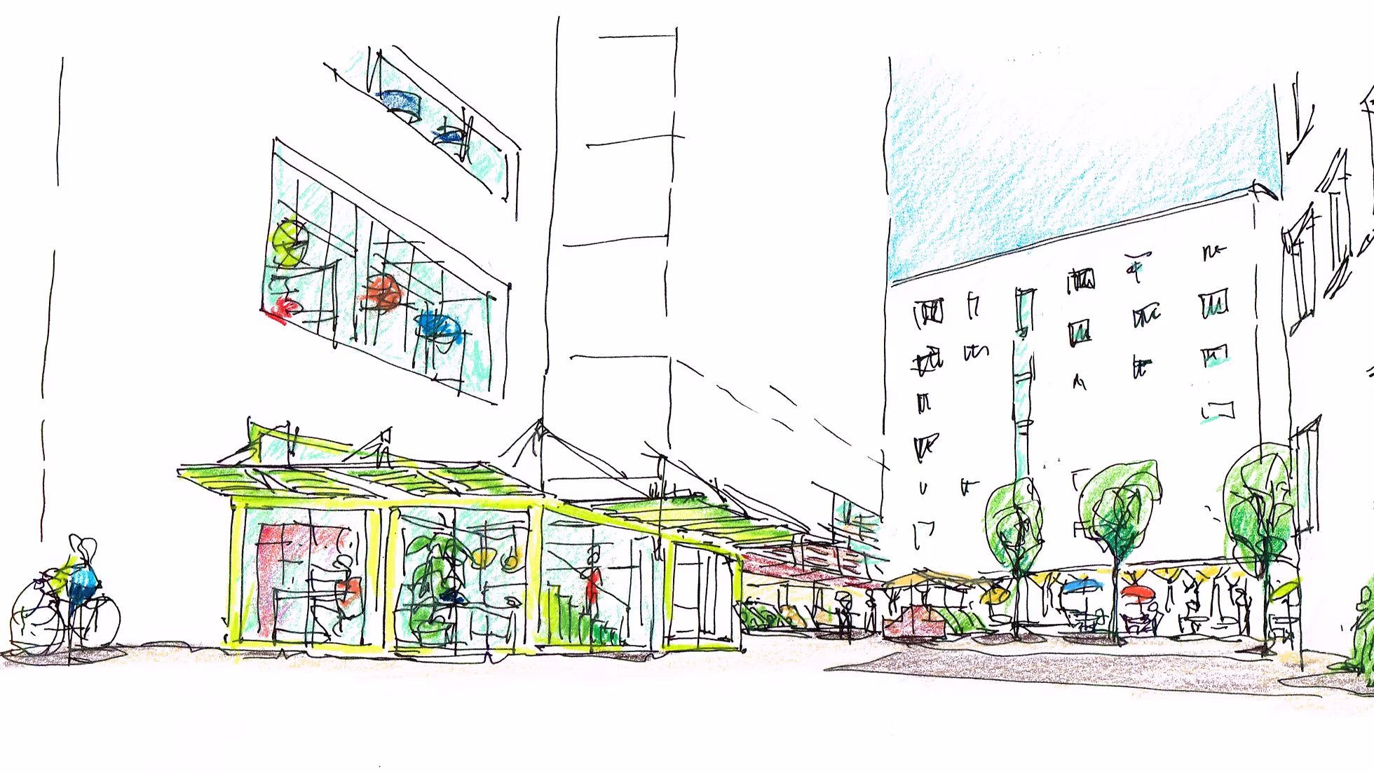 Conceptschets van lichte tijdelijke paviljoens tussen de gebouwen van De Meelfabriek