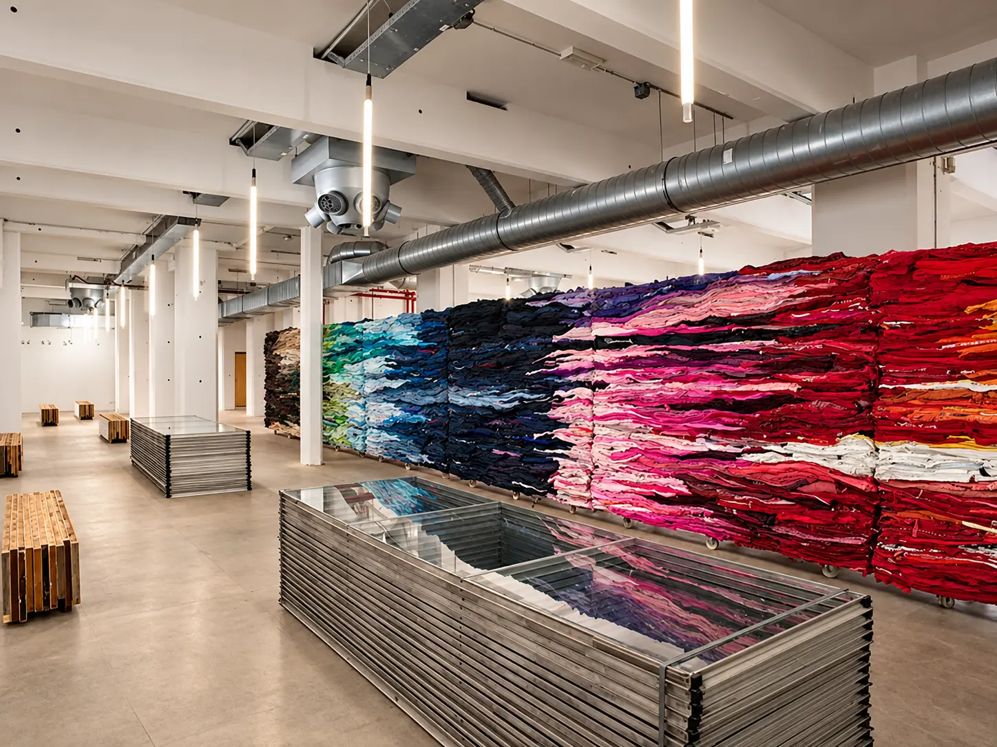 Interieur van het HAKA-gebouw in Rotterdam met een kleurrijke textielinstallatie