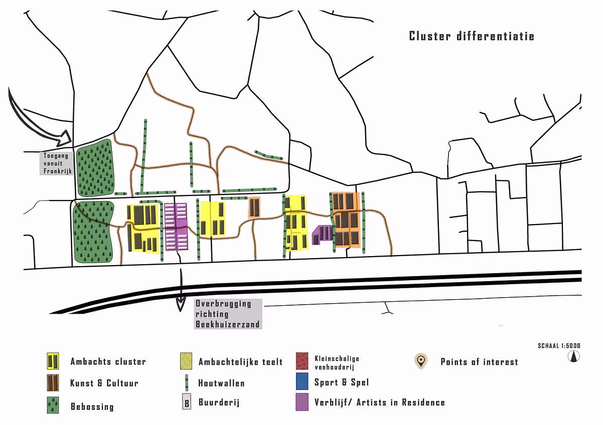 Conceptstudie met verschillende mogelijke clusters voor de erven in Stadsevelden