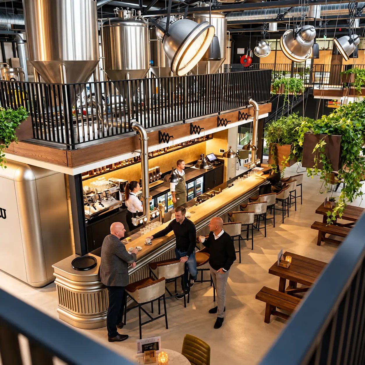 Horecagedeelte in de KVL fabriek in Oisterwijk met brouwinstallatie en groene beplanting