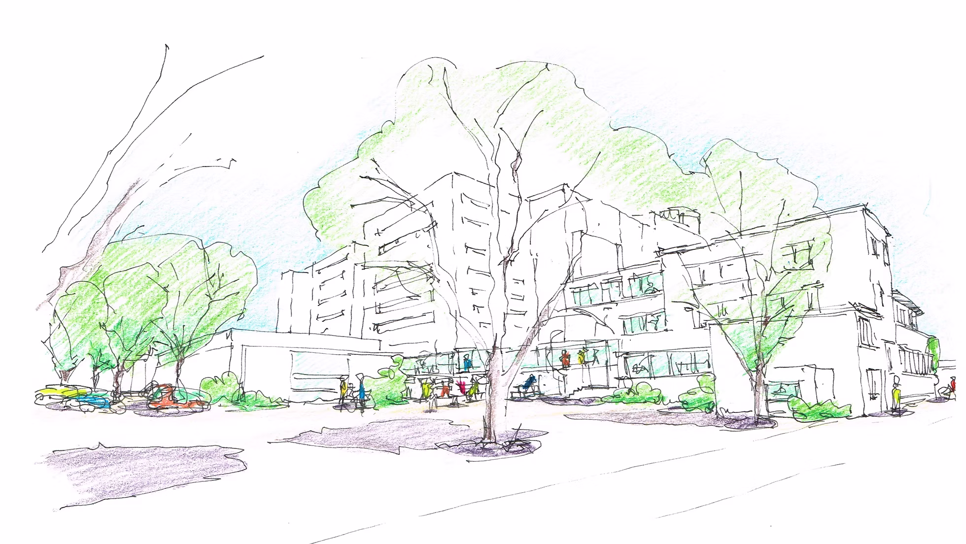 Conceptschets van mogelijke groene verblijfsruimte tussen de gebouwen van De Meelfabriek