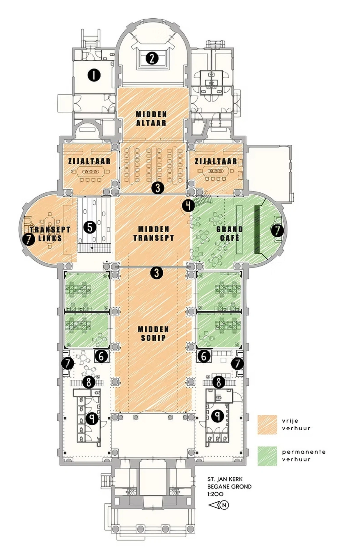 Plattegrond van de begane grond van de Sint-Jan met middenschip, transept, grand café en verhuurbare ruimtes