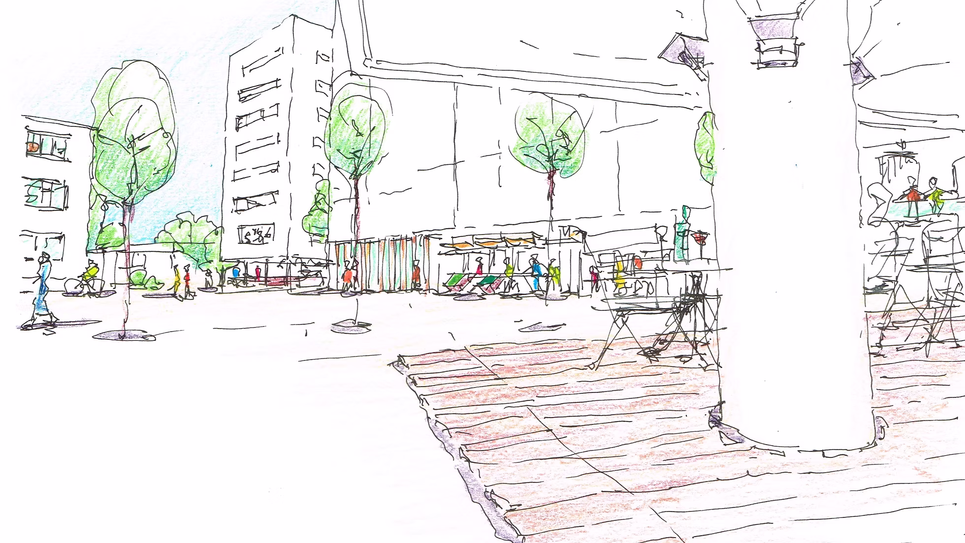 Conceptschets van een mogelijk tijdelijk plein met verblijf en lichte voorzieningen