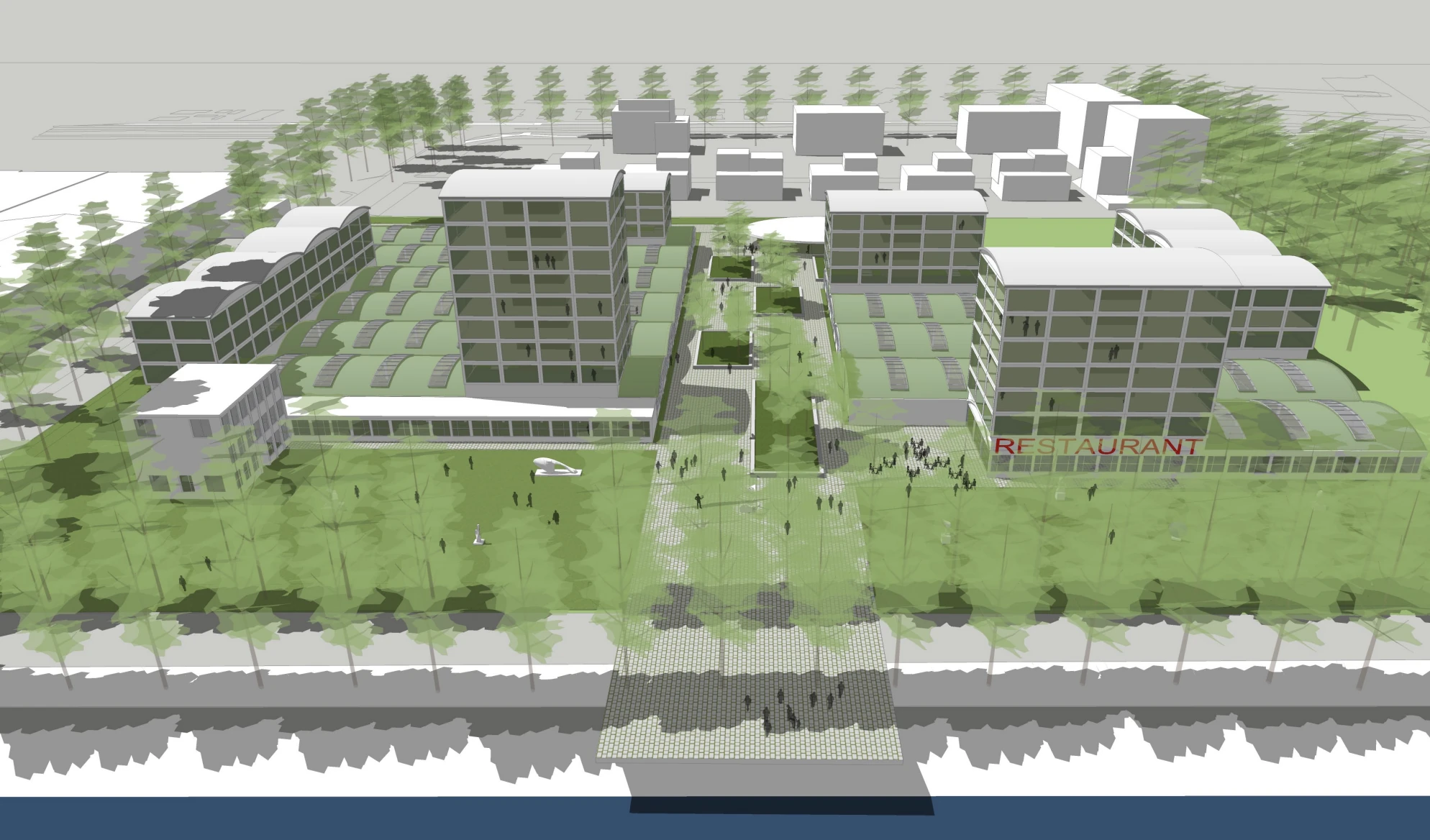 Ruimtelijke conceptstudie met nieuwe volumes rond de bestaande hallen van de Galvanitasfabriek