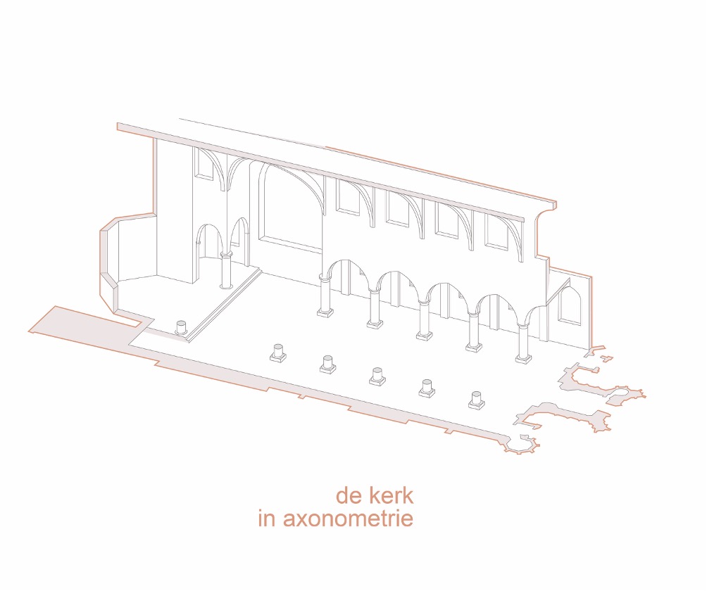 Axonometrische conceptschets van de bestaande kerkruimte van de Sint-Laurentiuskerk